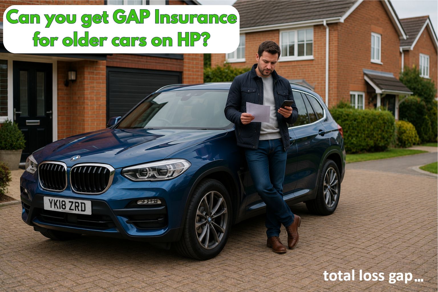 Man reviewing car finance details on his phone beside a well-maintained older blue SUV on a UK housing estate driveway, representing GAP Insurance for older financed cars