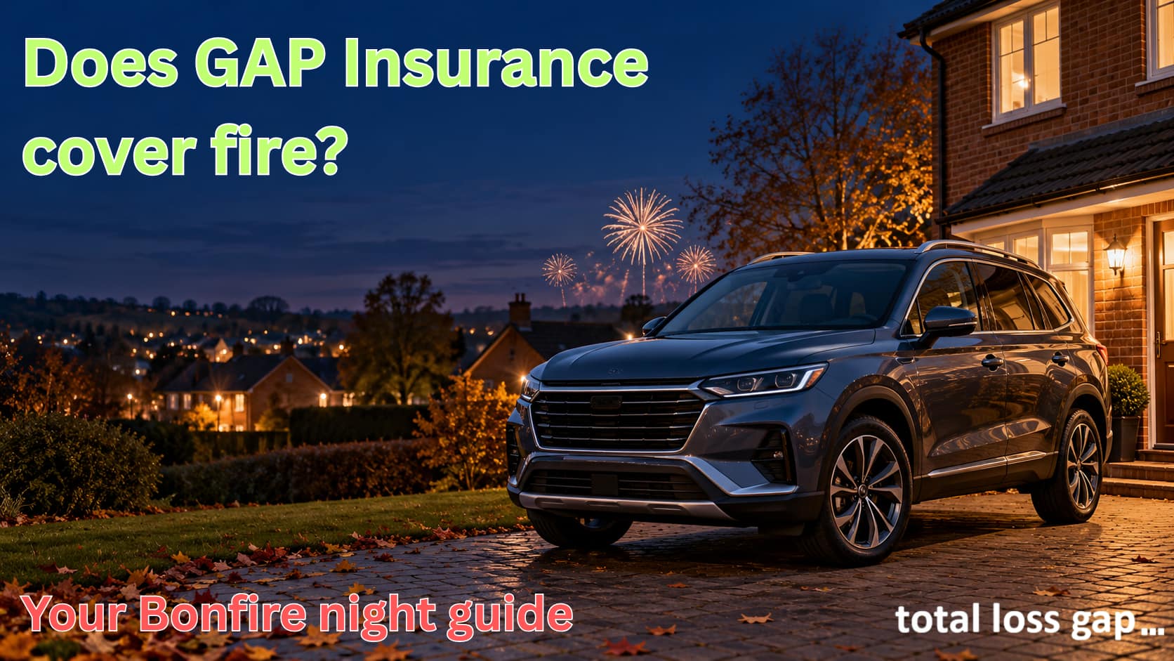 A family car parked on an autumn evening with Bonfire Night fireworks in the distance