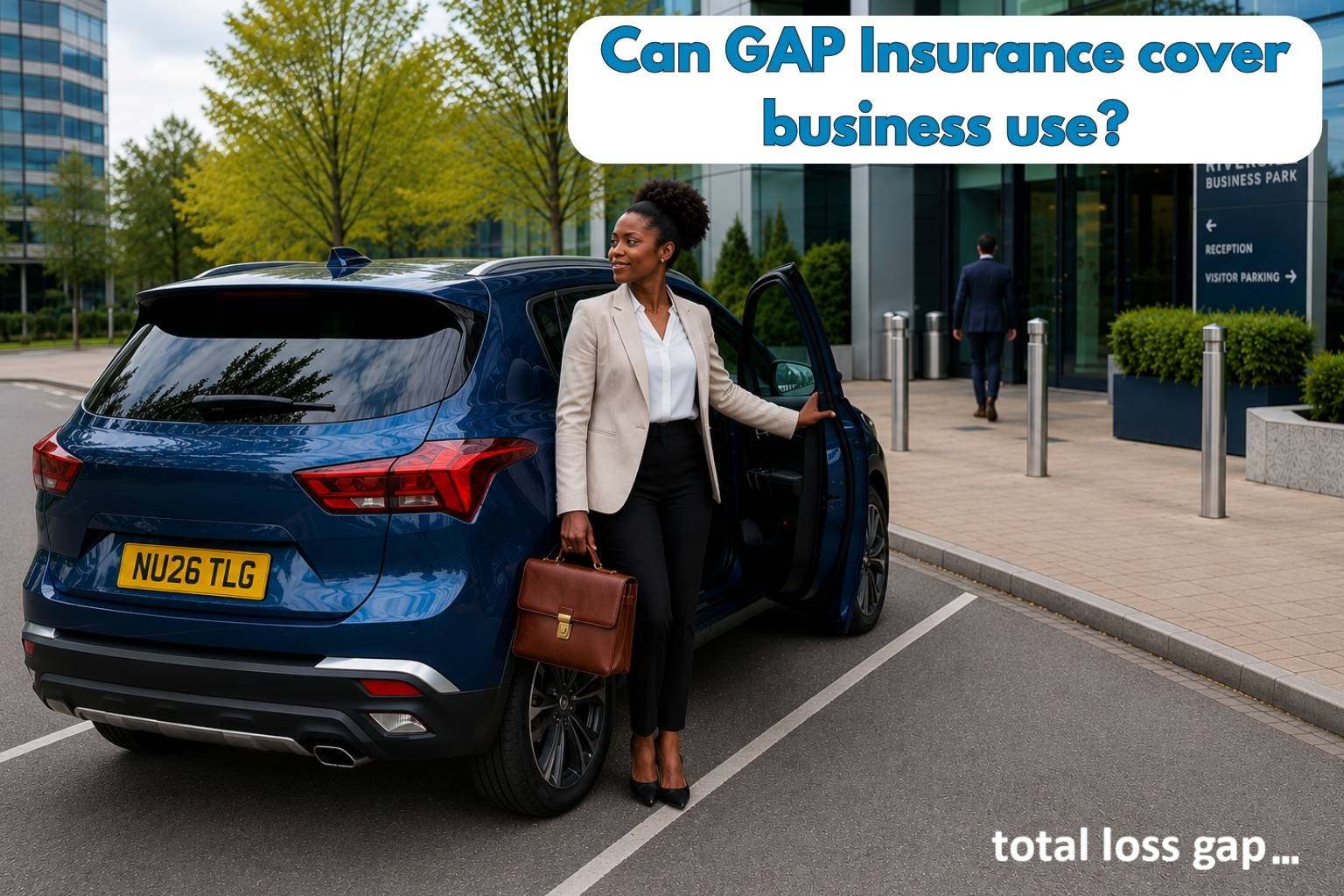 Professional businesswoman arriving at a UK office in a blue SUV for a business meeting, representing Class 1 business use covered by some GAP Insurance policies
