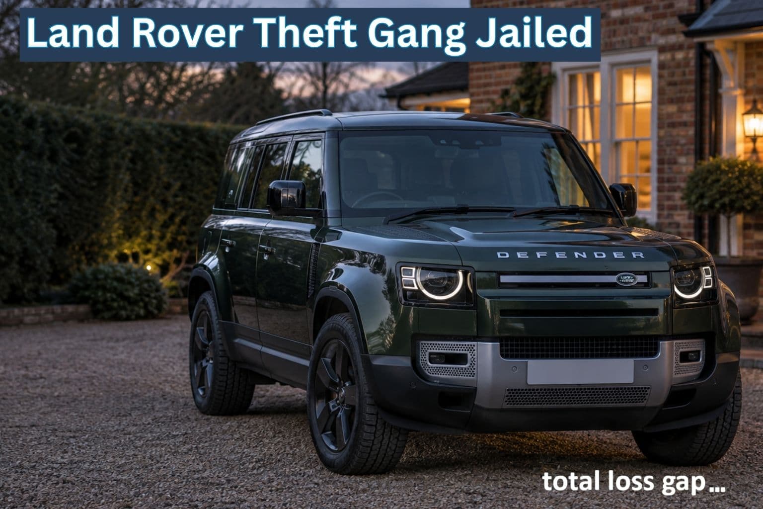 Land Rover Defender parked on a residential driveway at dusk