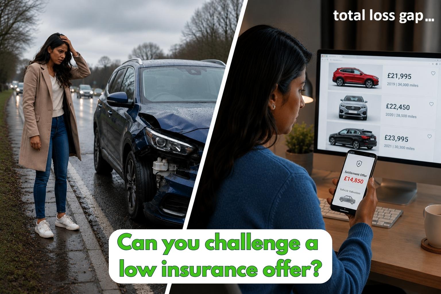 Woman comparing a low motor insurance settlement offer against higher replacement vehicle prices after her car was written off in an accident
