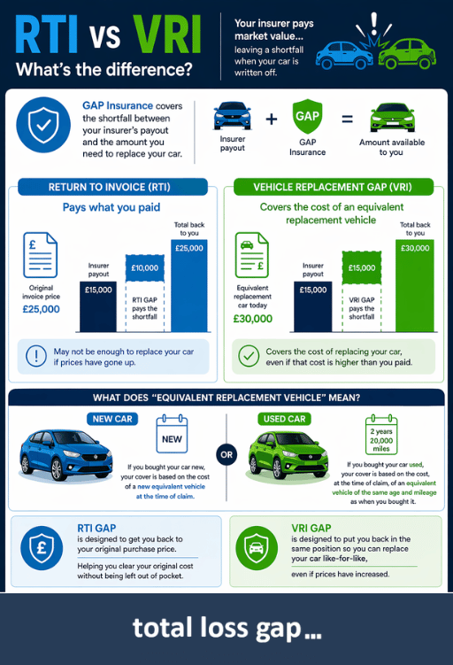 RTI vs VRI GAP insurance infographic showing the difference between return to invoice and vehicle replacement cover, including payout examples and replacement vehicle costs