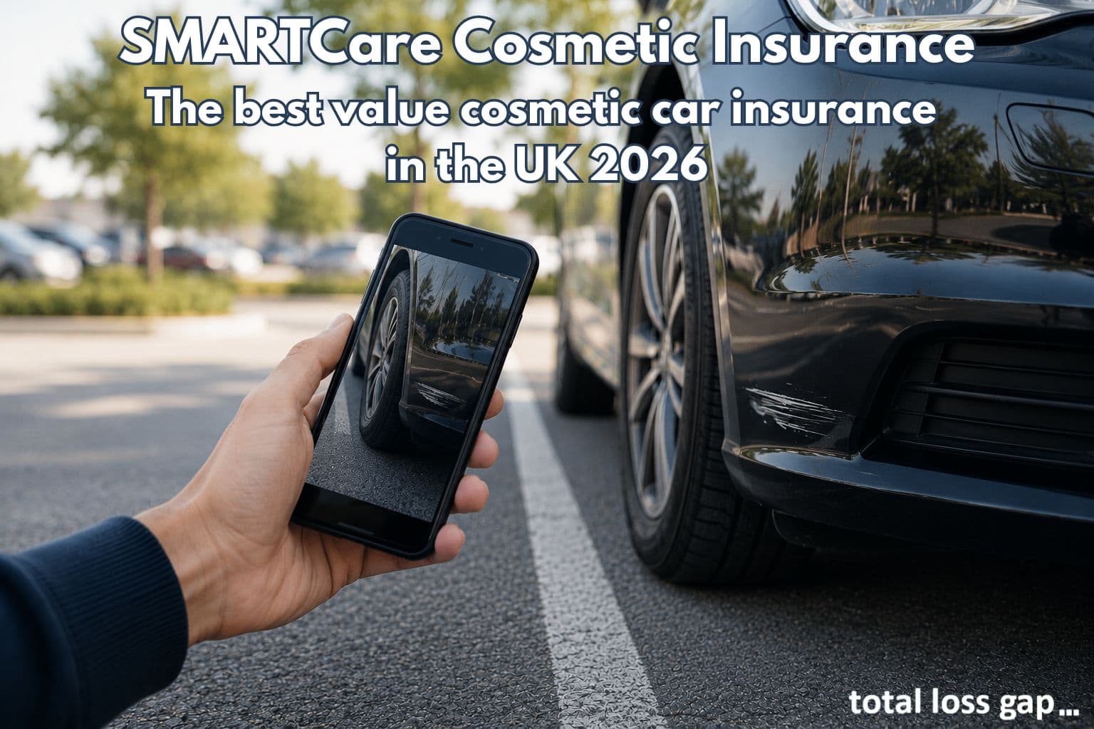 Driver photographing a minor bumper scrape on a modern car in a car park before arranging a SMART cosmetic repair