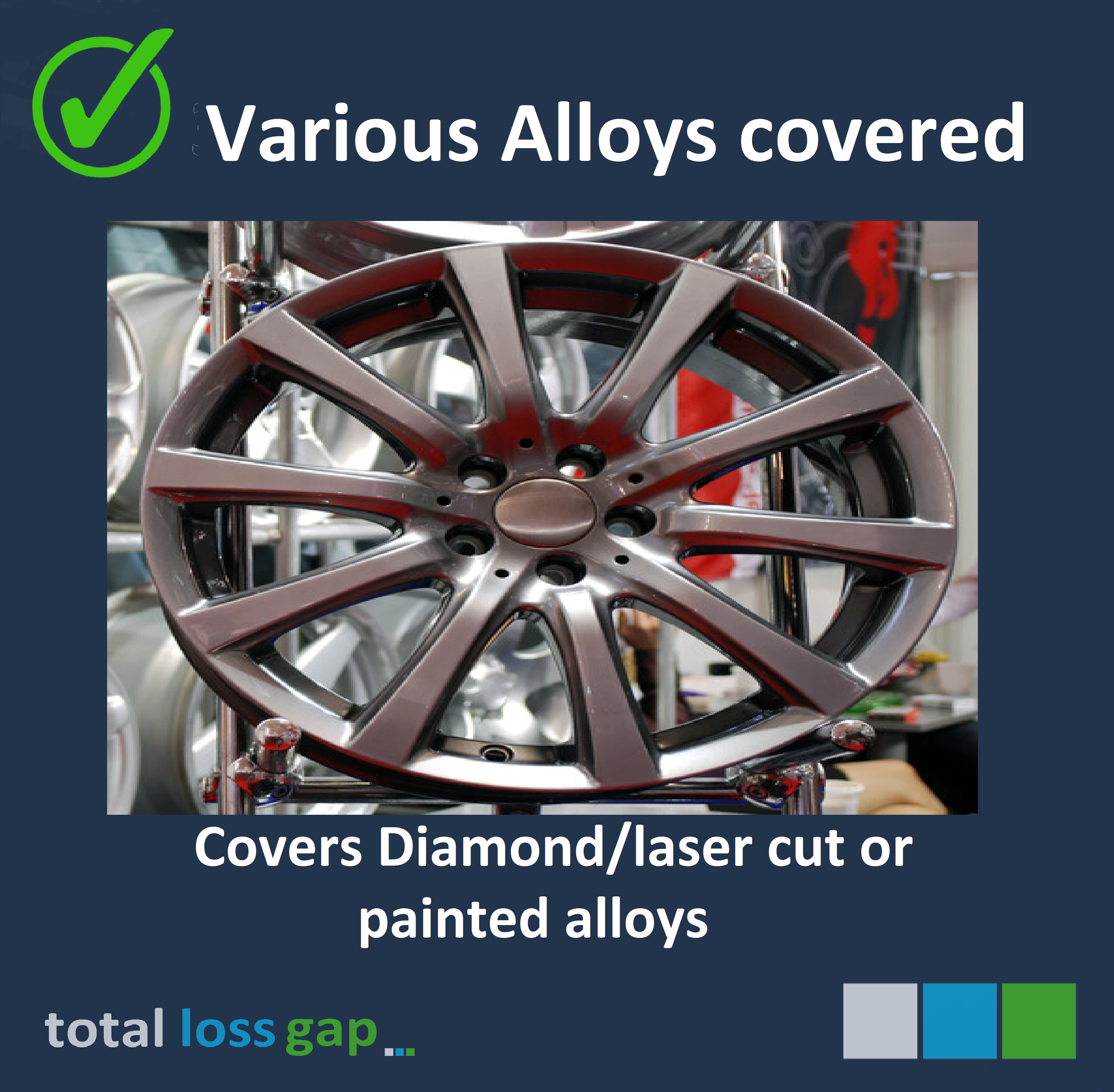 Total Loss Smart care covers diamond, laser cut and painted alloy wheels