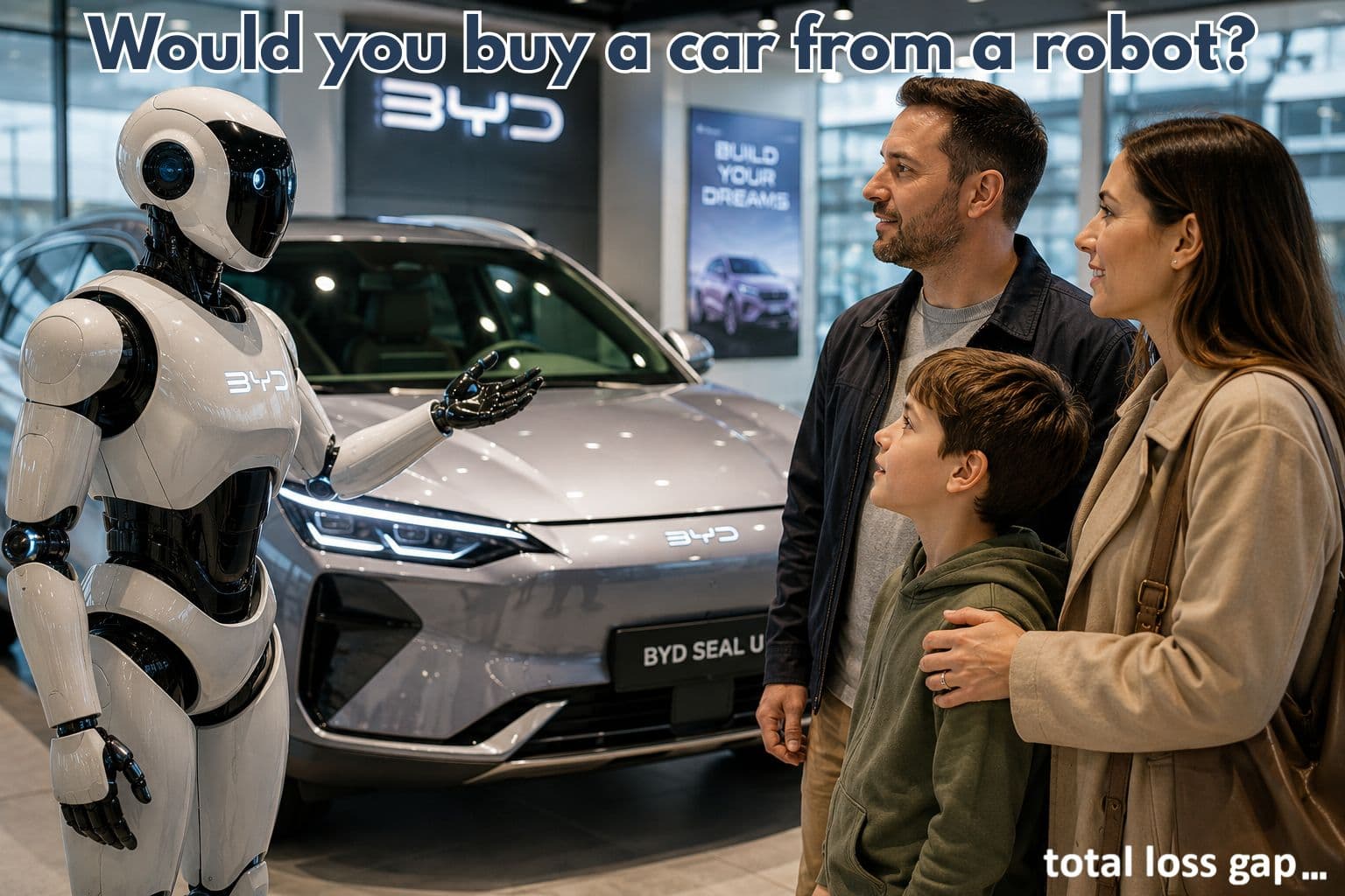 Humanoid robot demonstrating a BYD electric car to a family in a modern showroom
