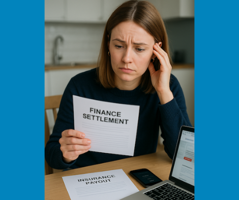 A woman in her 30s looks concerned while reviewing a finance settlement letter at her kitchen table, with an insurance payout document, laptop, and phone in front of her