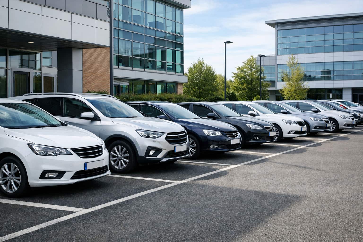 Vehicles parked in a workplace car park, illustrating contract hire and car leasing in the UK