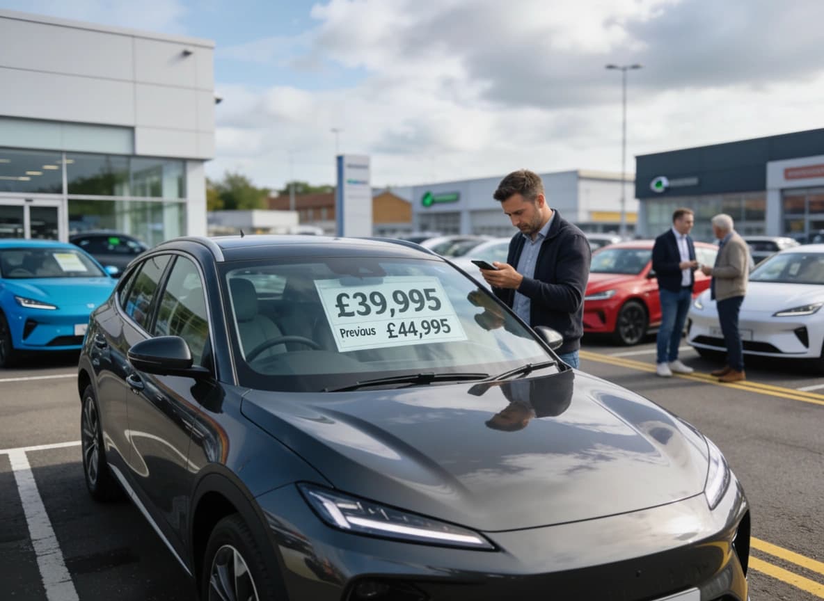 Row of new electric cars on a dealership forecourt