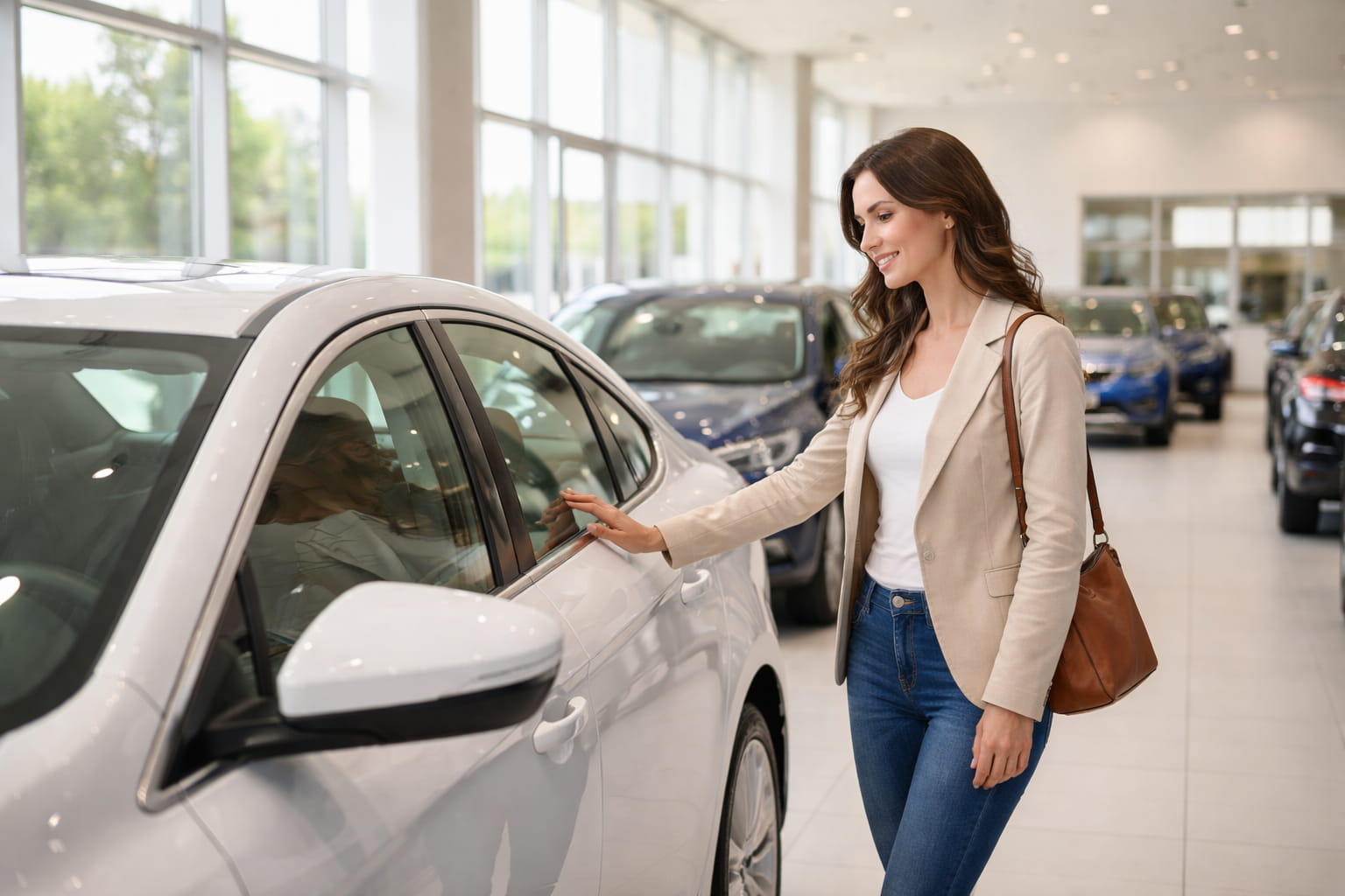 Woman viewing a new car in a showroom, illustrating personal contract purchase (PCP) car finance