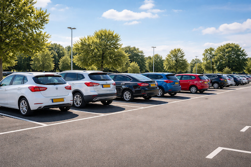 Cars parked in a car park on a sunny day, illustrating different vehicle funding choices